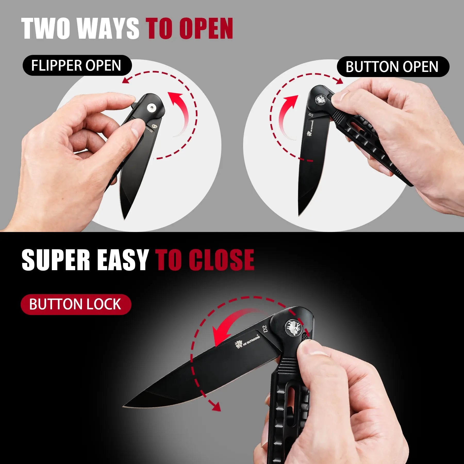 Pocket Knife HX OUTDOORS DARK MASTER 3.15" D2 BUTTON LOCK Titanium alloy Tactical Folding Knife Camping, Hunting, And Outdoors ZD-112A from HX OUTDOORS