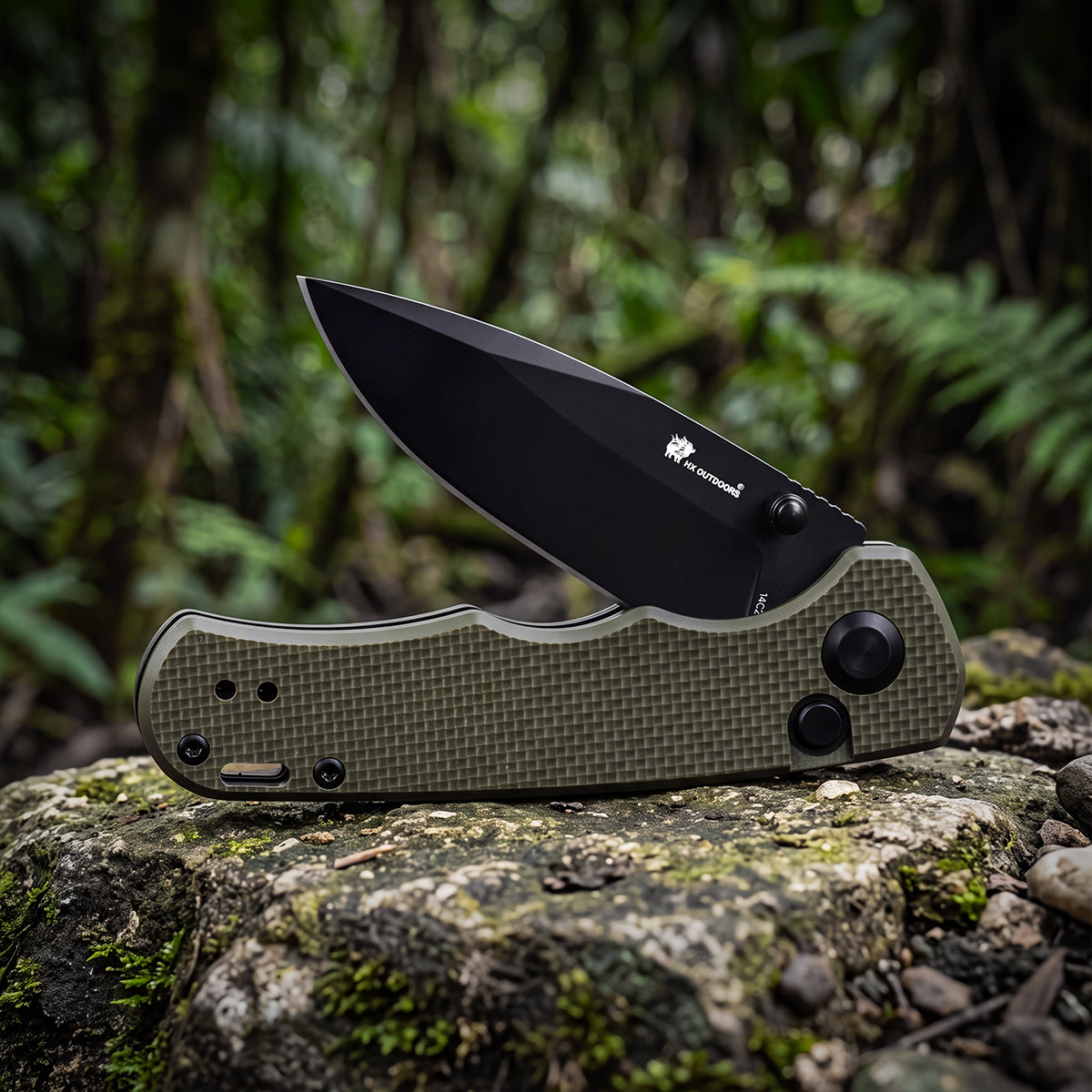 SCOUT | Pocket Knife | Button Lock | 2.68" 14C28N Black Blade | Military Green G10 Handle | HX OUTDOORS ZD-127A-S