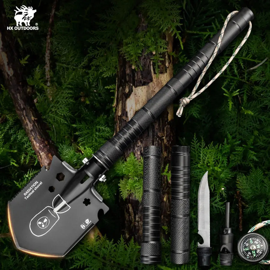 Shovel HX OUTDOORS RADIANTX Shovel Set with Hoe, Saw, Knife, Bottle Opener, Fire Starter Aluminum Handle (18.50" 440 Stainless Steel Head) GBC-62B from HX OUTDOORS