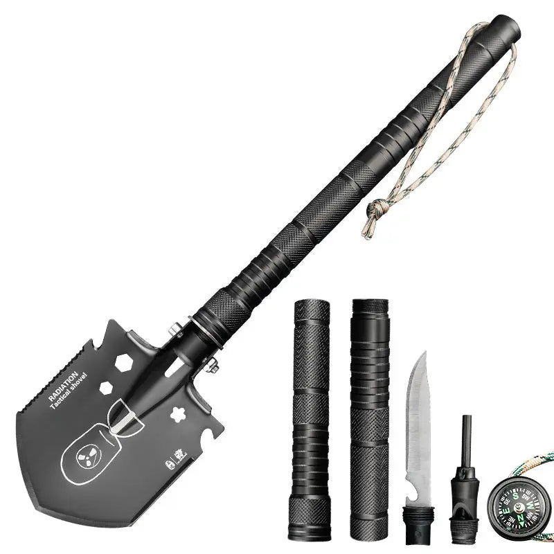 Shovel HX OUTDOORS RADIANTX Shovel Set with Hoe, Saw, Knife, Bottle Opener, Fire Starter Aluminum Handle (18.50" 440 Stainless Steel Head) GBC-62B from HX OUTDOORS