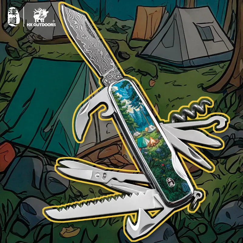 Multi-tool HX OUTDOORS DAMASK CAMPHOR 2.2" Damask Steel VG10 Multi-tool Knife Camping Outdoor DD-14B from HX OUTDOORS