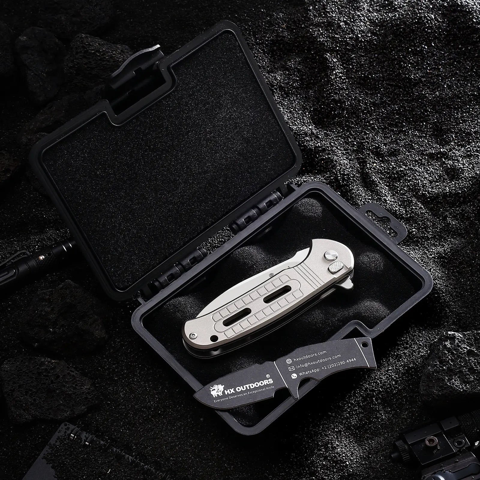 HX OUTDOORS ROCK SAPPHIRE | Pocket Knife | Button Lock | 2.4" 14C28N Blade | Silver Titanium Handle | ZD-114S ROCK SAPPHIRE
