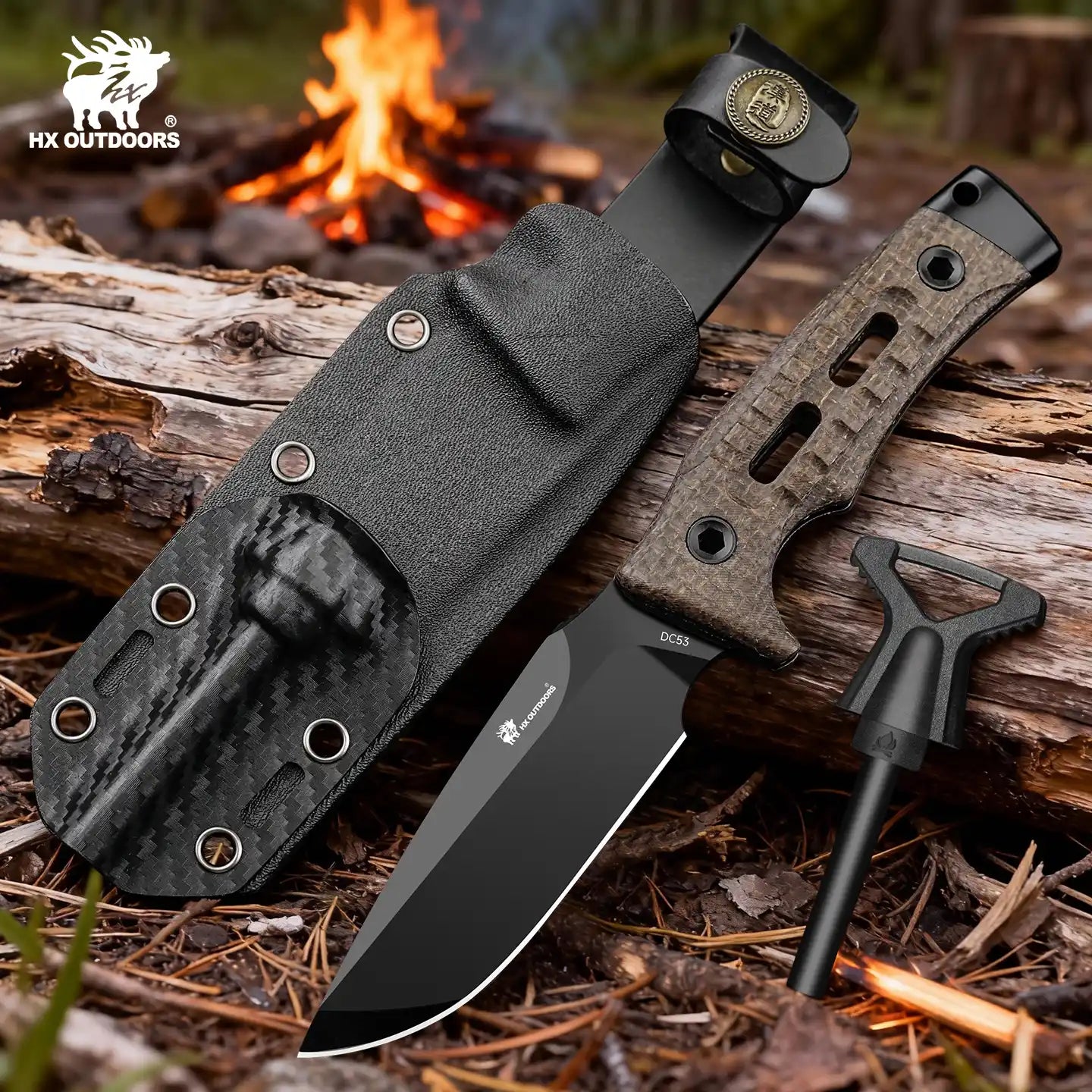 ROCK APEX Fixed Blade | 3.7" DC53 Blade | Brown Micarta Handle | HX OUTDOORS TD-18Z