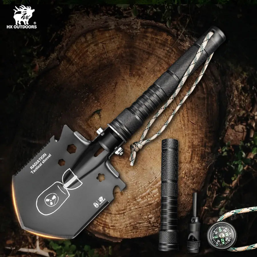 Shovel HX OUTDOORS RADIANTX Shovel Set with Hoe, Saw, Knife, Bottle Opener, Fire Starter Aluminum Handle (18.50" 440 Stainless Steel Head) GBC-62B from HX OUTDOORS
