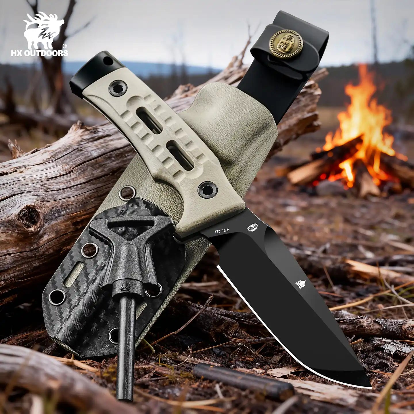 ROCK APEX Fixed Blade | 3.7" DC53 Blade | Khaki G10 Handle | HX OUTDOORS TD-18A