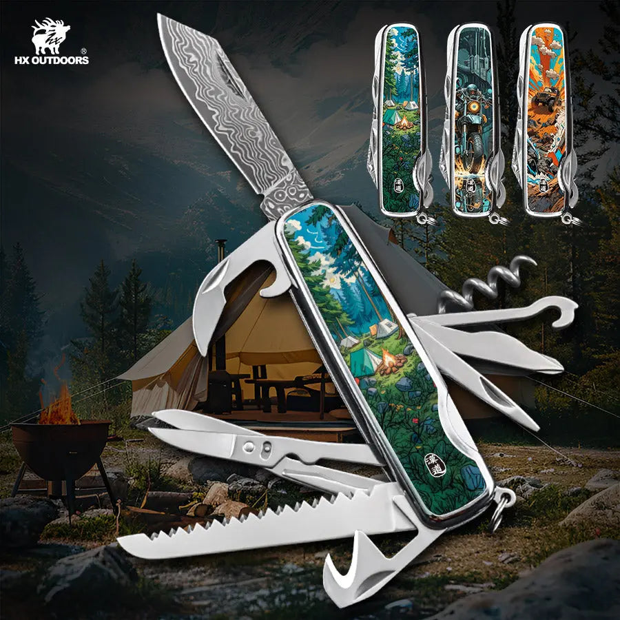 Multi-tool HX OUTDOORS DAMASK CAMPHOR 2.2" Damask Steel VG10 Multi-tool Knife Camping Outdoor DD-14B from HX OUTDOORS