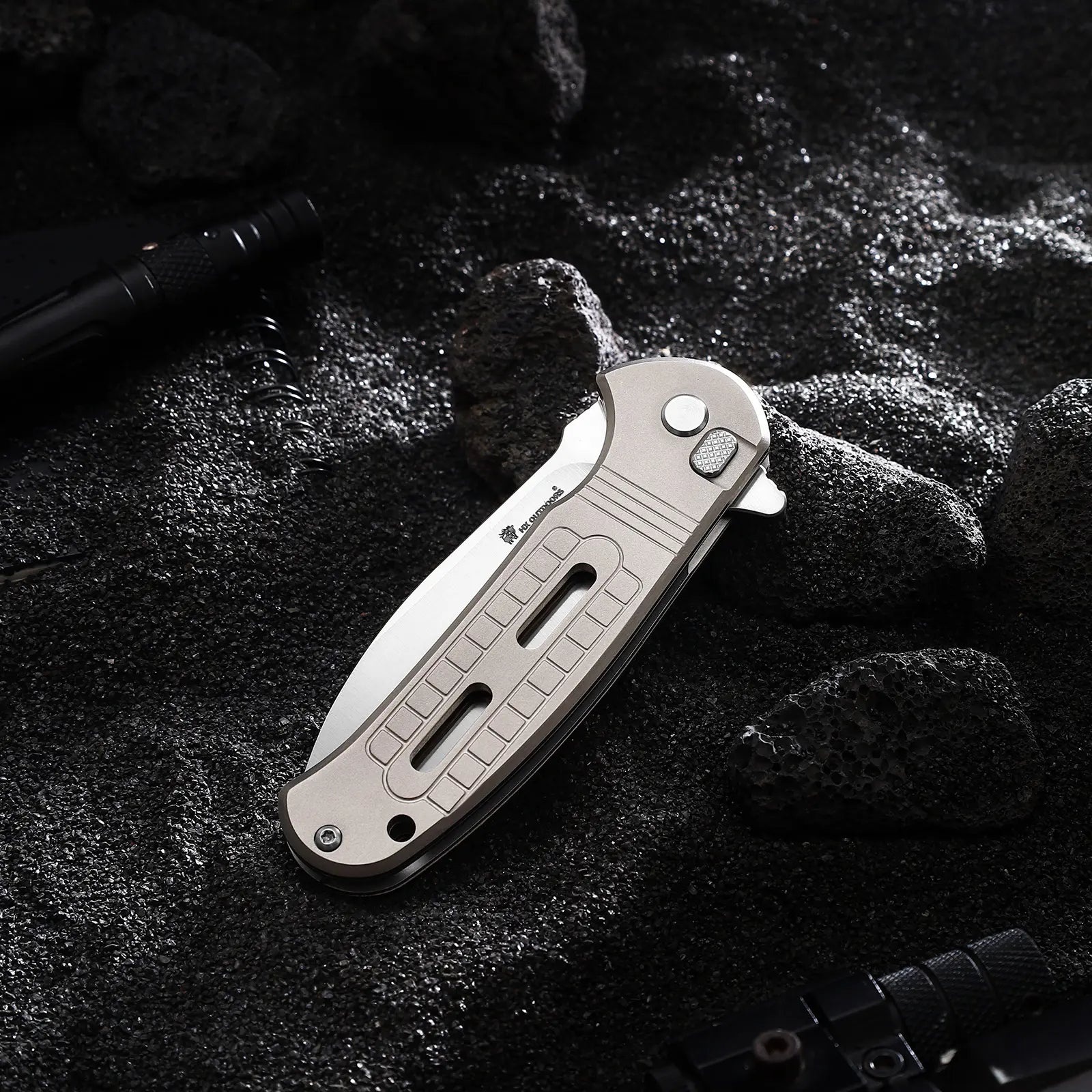 HX OUTDOORS ROCK SAPPHIRE | Pocket Knife | Button Lock | 2.4" 14C28N Blade | Silver Titanium Handle | ZD-114S ROCK SAPPHIRE