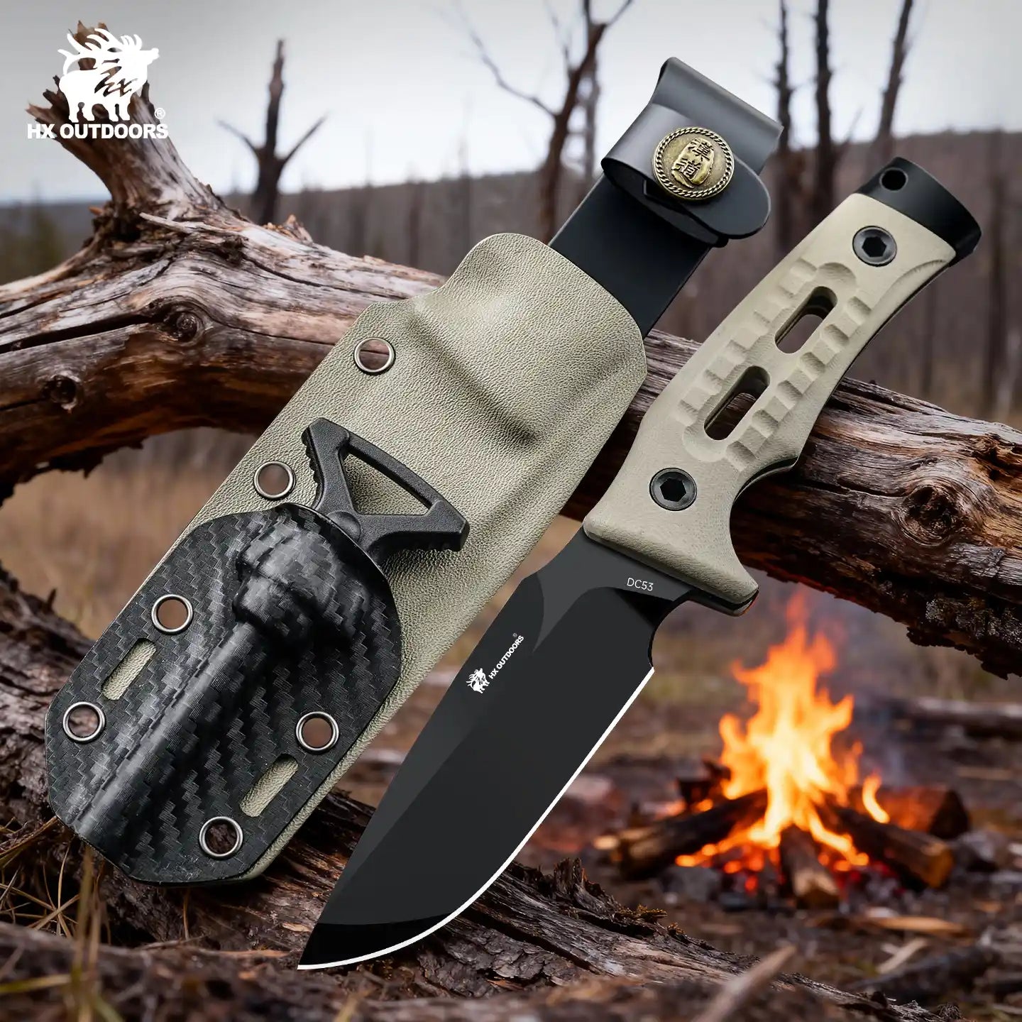 ROCK APEX Fixed Blade | 3.7" DC53 Blade | Khaki G10 Handle | HX OUTDOORS TD-18A