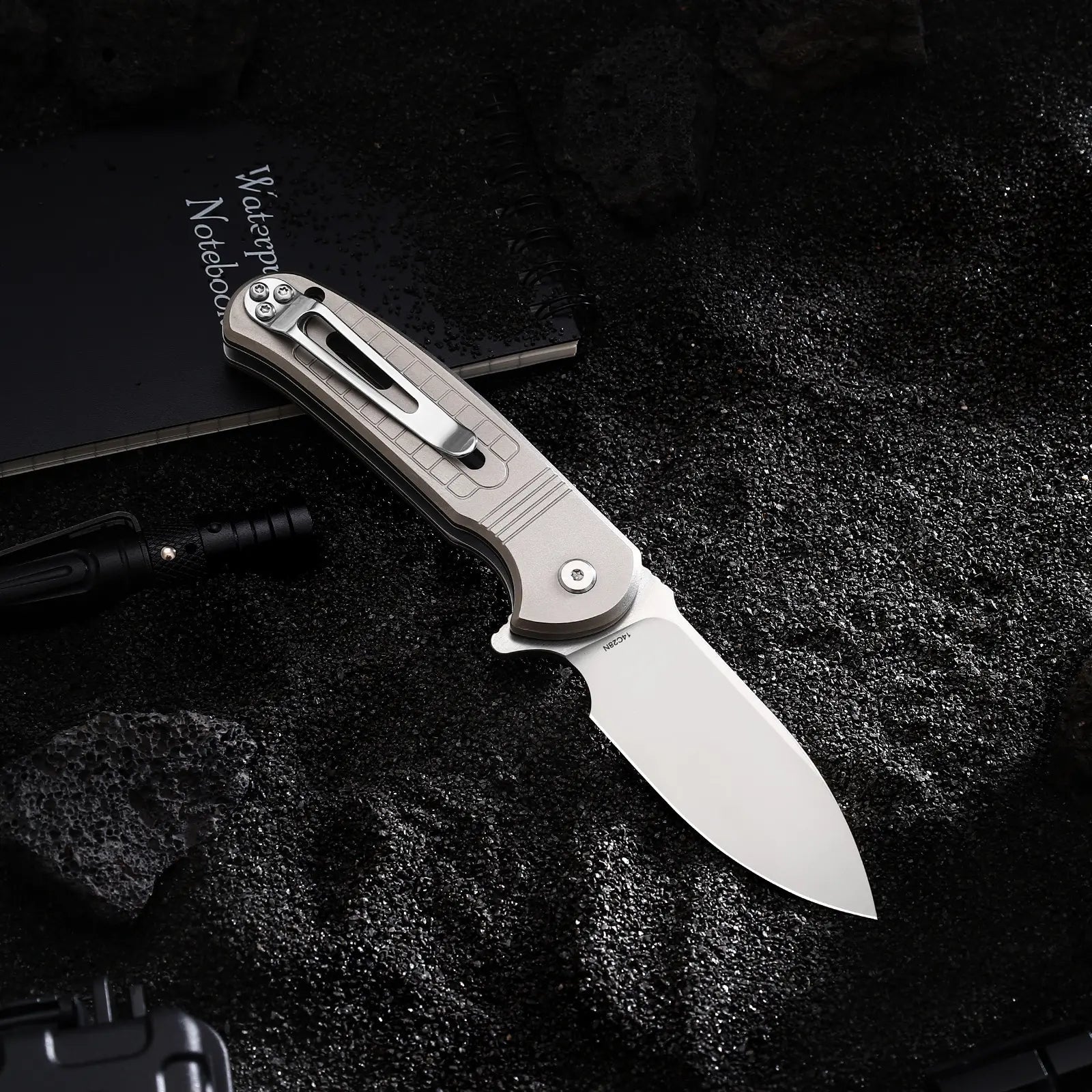 HX OUTDOORS ROCK SAPPHIRE | Pocket Knife | Button Lock | 2.4" 14C28N Blade | Silver Titanium Handle | ZD-114S ROCK SAPPHIRE