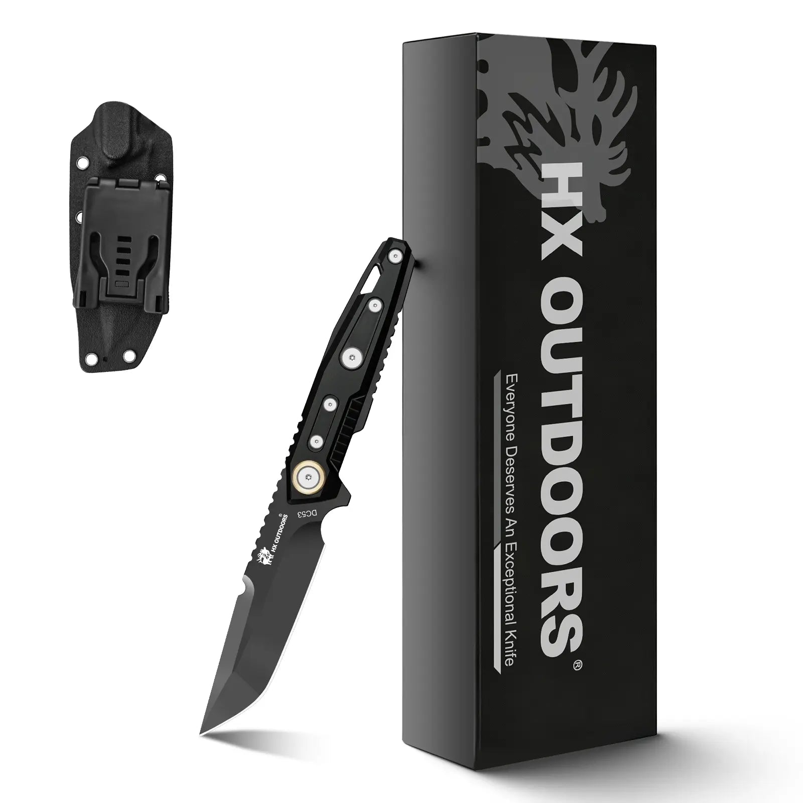 MECHTITAN Fixed Blade | 3.86" DLC‑Coated DC53 Blade | Black Aluminum Handle | HX OUTDOORS D-220DLC