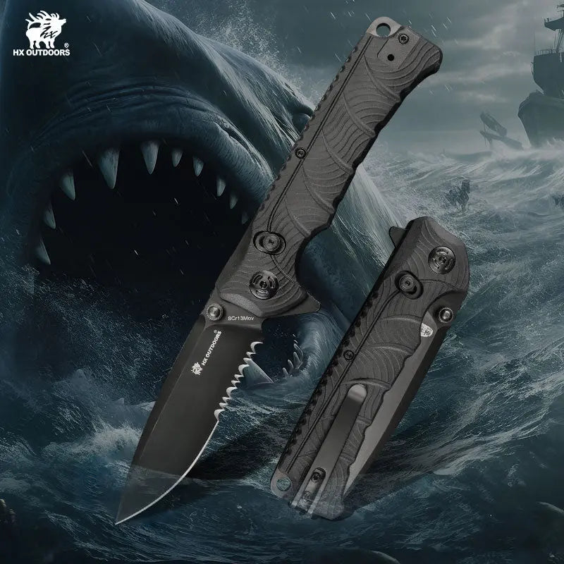 Pocket Knife HX OUTDOORS 3.19" 8CR13 Black Shark Crossbar best folding pocket knife - EDC Knives for Survival Camping Fishing Hiking ZD-093 from HX OUTDOORS