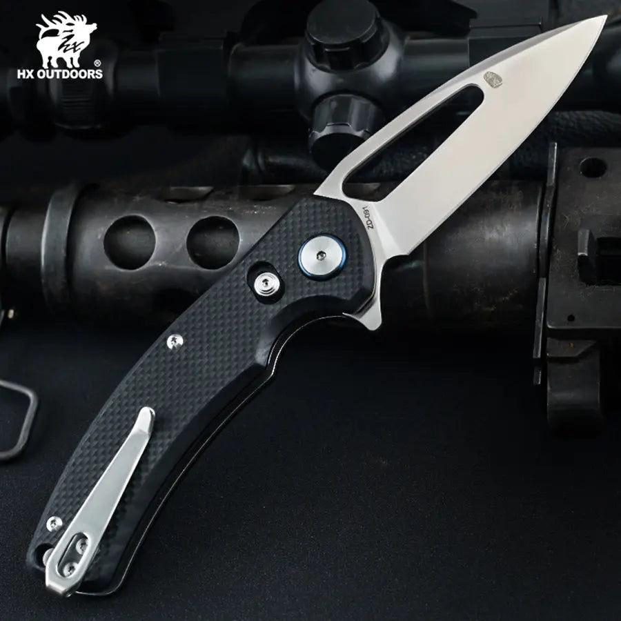 Pocket Knife HX OUTDOORS 2.5" D2 Steel Blade G10 Handle EDC VOYAGER CROSSBAR LOCK Folding Knife Black ZD-091S from HX OUTDOORS
