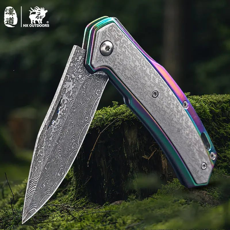 Pocket Knife HX OUTDOORS 3.46" 5CR15 CHAMELEON Slip Joint Folding Knife Aluminum Alloy and Etched Damascus Steel Pattern EDC, Emergency Tool ZD-084 from HX OUTDOORS