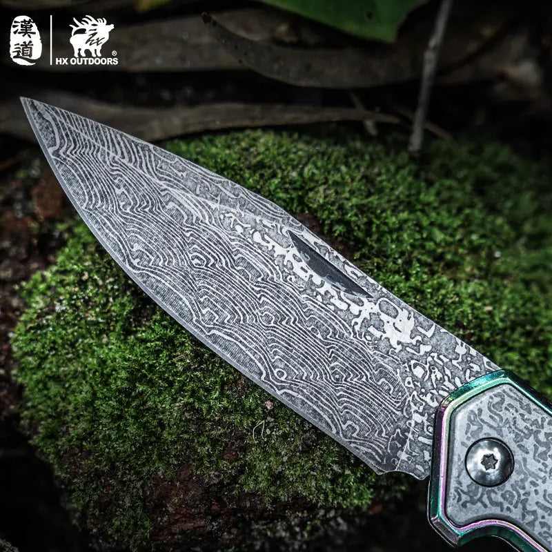 Pocket Knife HX OUTDOORS 3.46" 5CR15 CHAMELEON Slip Joint Folding Knife Aluminum Alloy and Etched Damascus Steel Pattern EDC, Emergency Tool ZD-084 from HX OUTDOORS