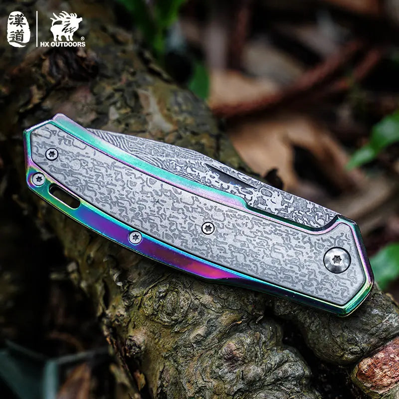 Pocket Knife HX OUTDOORS 3.46" 5CR15 CHAMELEON Slip Joint Folding Knife Aluminum Alloy and Etched Damascus Steel Pattern EDC, Emergency Tool ZD-084 from HX OUTDOORS