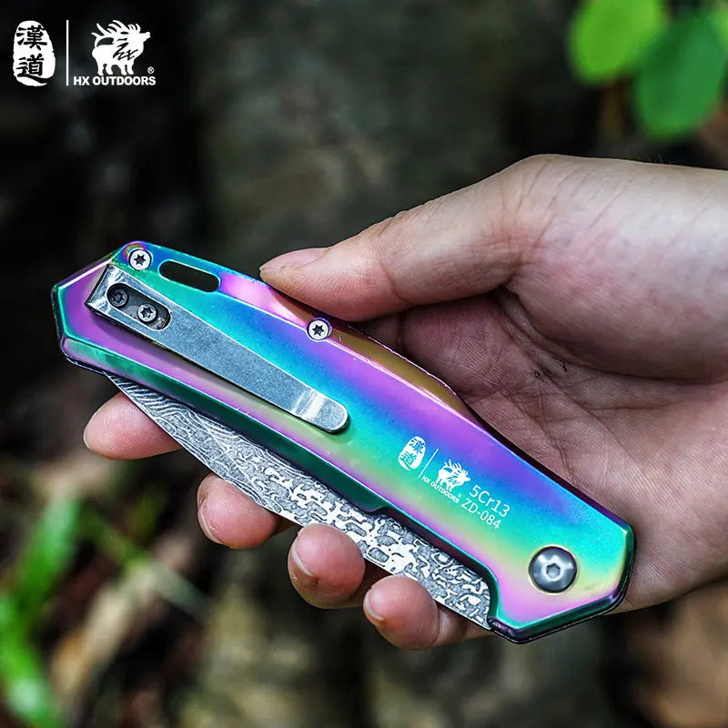 Pocket Knife HX OUTDOORS 3.46" 5CR15 CHAMELEON Slip Joint Folding Knife Aluminum Alloy and Etched Damascus Steel Pattern EDC, Emergency Tool ZD-084 from HX OUTDOORS