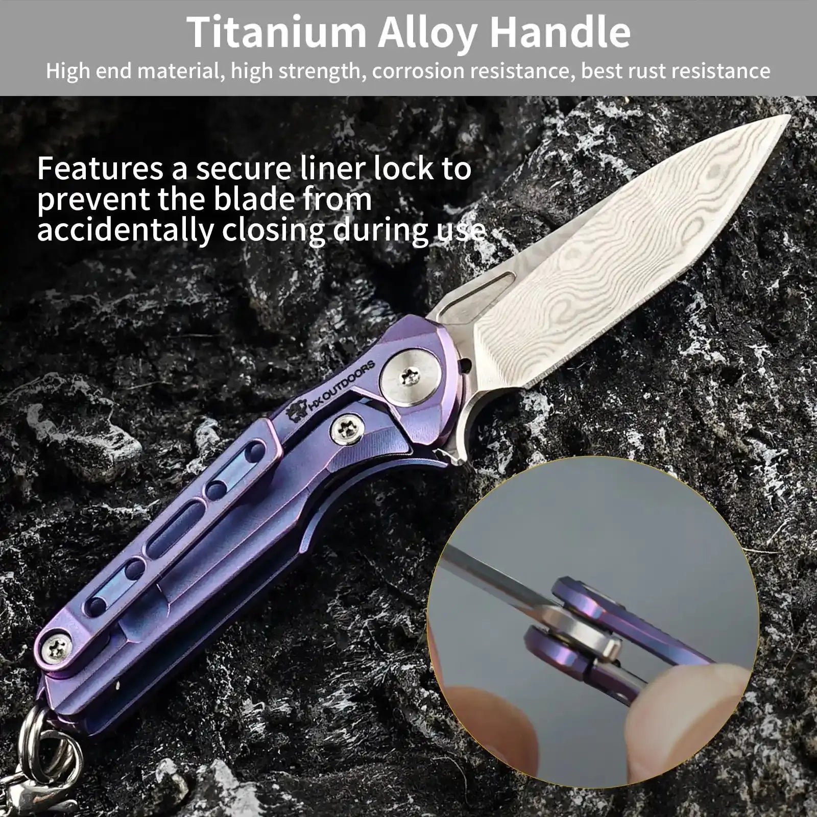 HX OUTDOORS MINI ARMORED | Pocket Knife | Liner Lock | 1.37" Damascus Blade | Pink Titanium Handle | EDC-005C MINI ARMORED