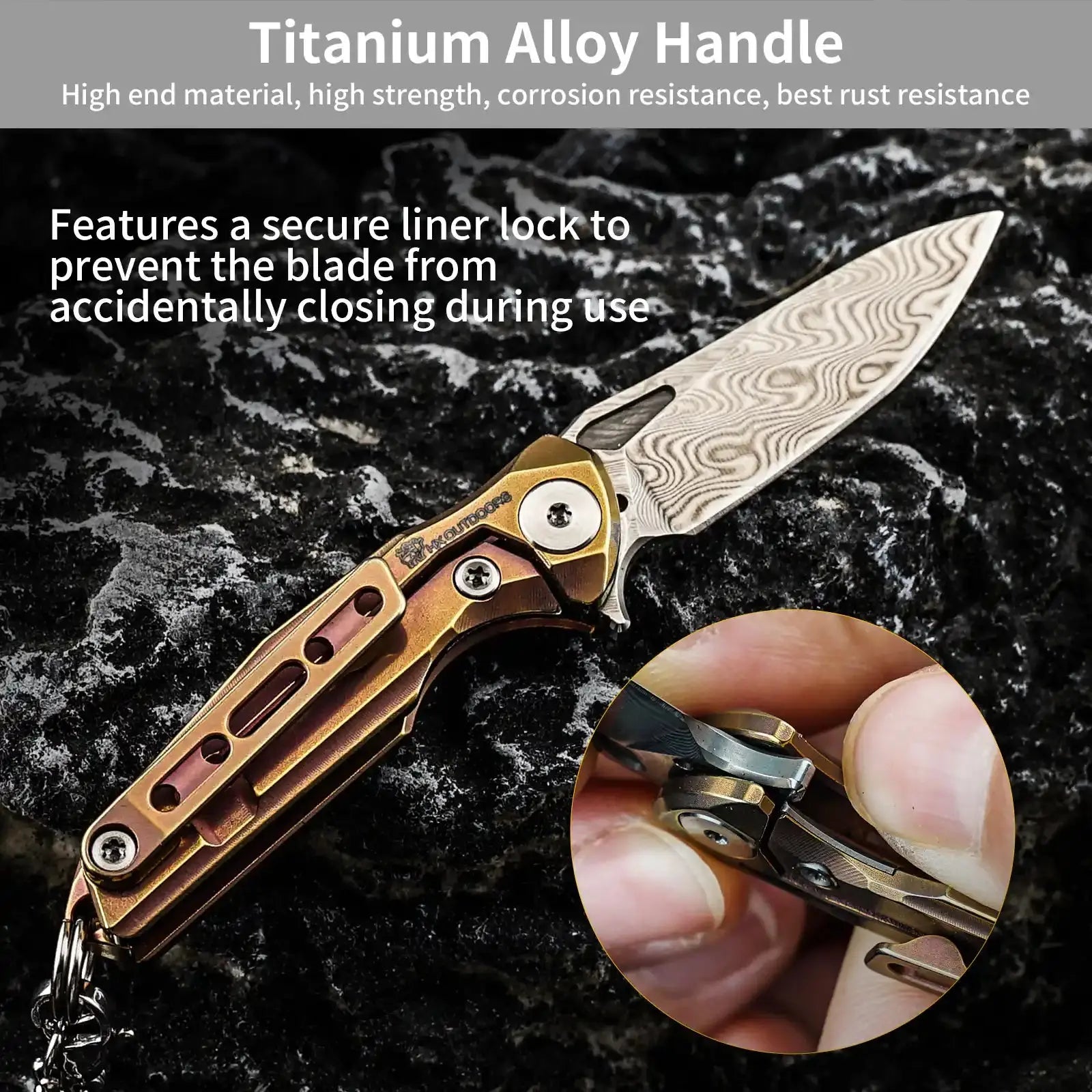 HX OUTDOORS MINI ARMORED | Pocket Knife | Liner Lock | 1.37" Damascus Blade | Pink Titanium Handle | EDC-005E MINI ARMORED
