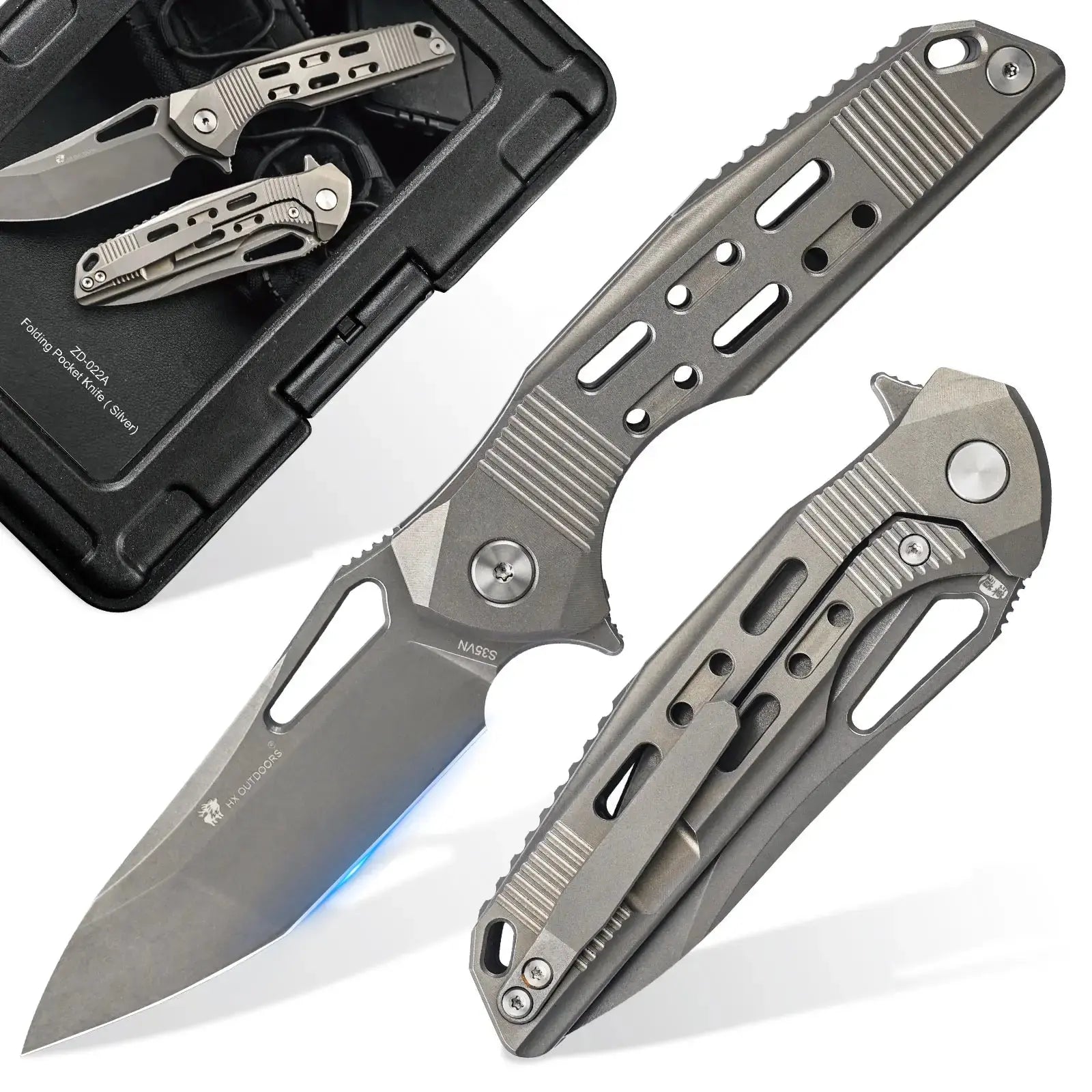 HX OUTDOORS ARMORED M | Pocket Knife | Liner Lock | 7.32" S35VN Blade | Silver Titanium Handle | ZD-022A ARMORED M