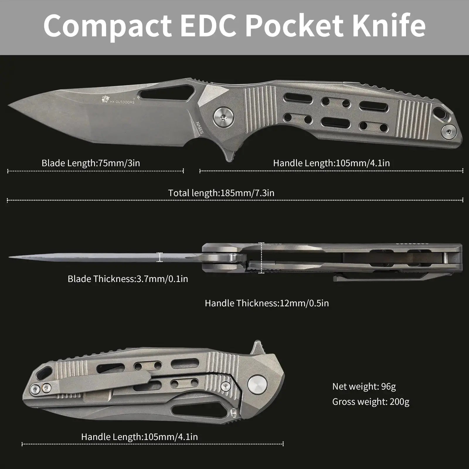 HX OUTDOORS ARMORED M | Pocket Knife | Liner Lock | 7.32" S35VN Blade | Silver Titanium Handle | ZD-022A ARMORED M