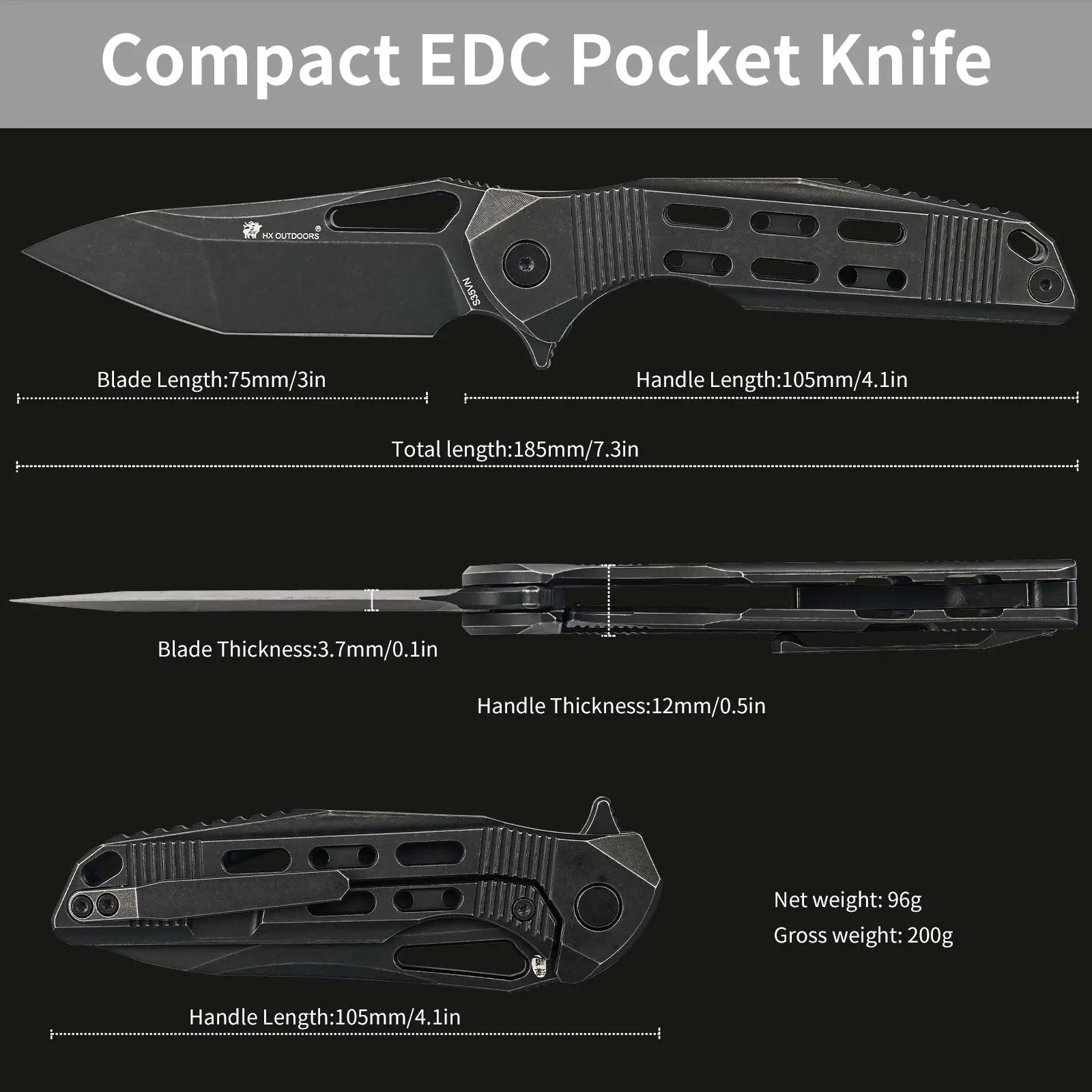HX OUTDOORS ARMORED M | Pocket Knife | Liner Lock | 7.32" S35VN Blade | Black Titanium Handle | ZD-022B ARMORED M