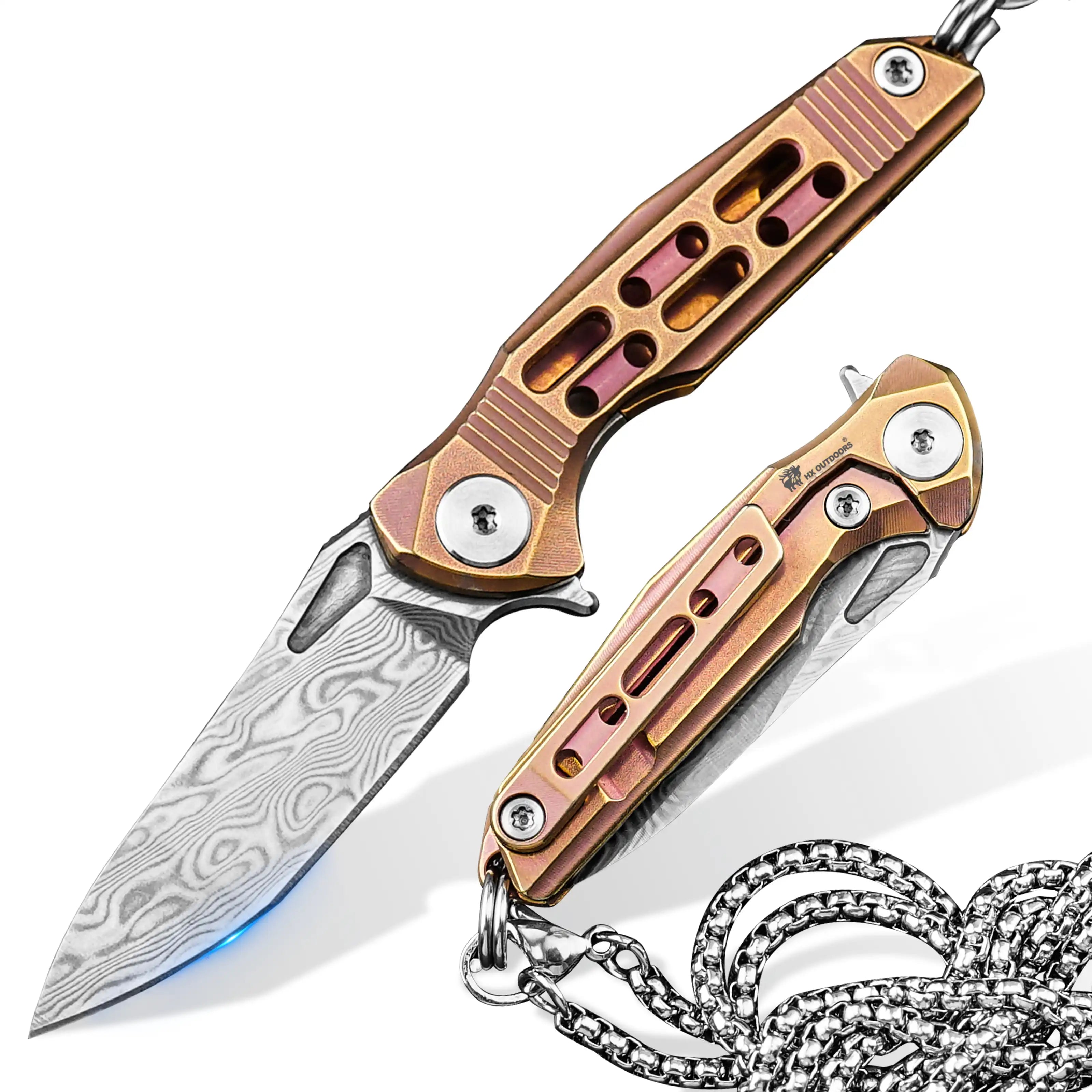 HX OUTDOORS MINI ARMORED | Pocket Knife | Liner Lock | 1.37" Damascus Blade | Pink Titanium Handle | EDC-005E MINI ARMORED