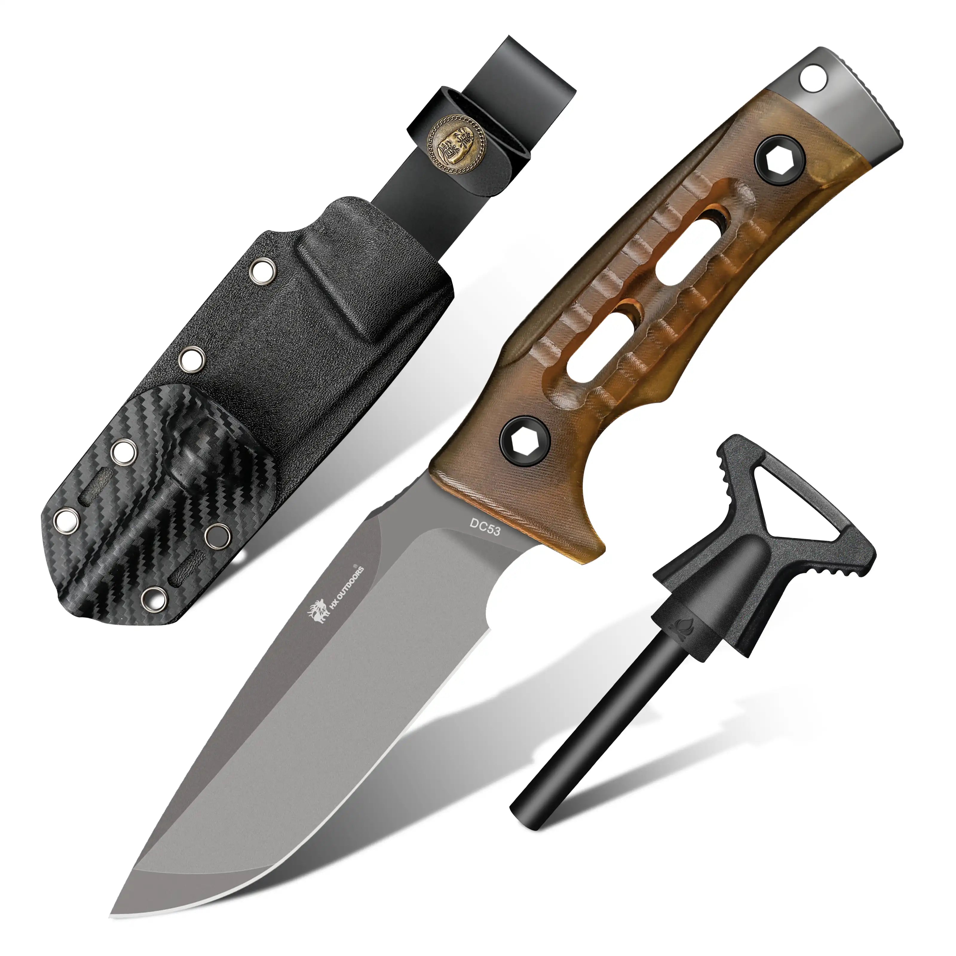 ROCK APEX Fixed Blade | 3.7" Gray Titanium Coating DC53 Blade | PEI Handle | HX OUTDOORS TD-18P