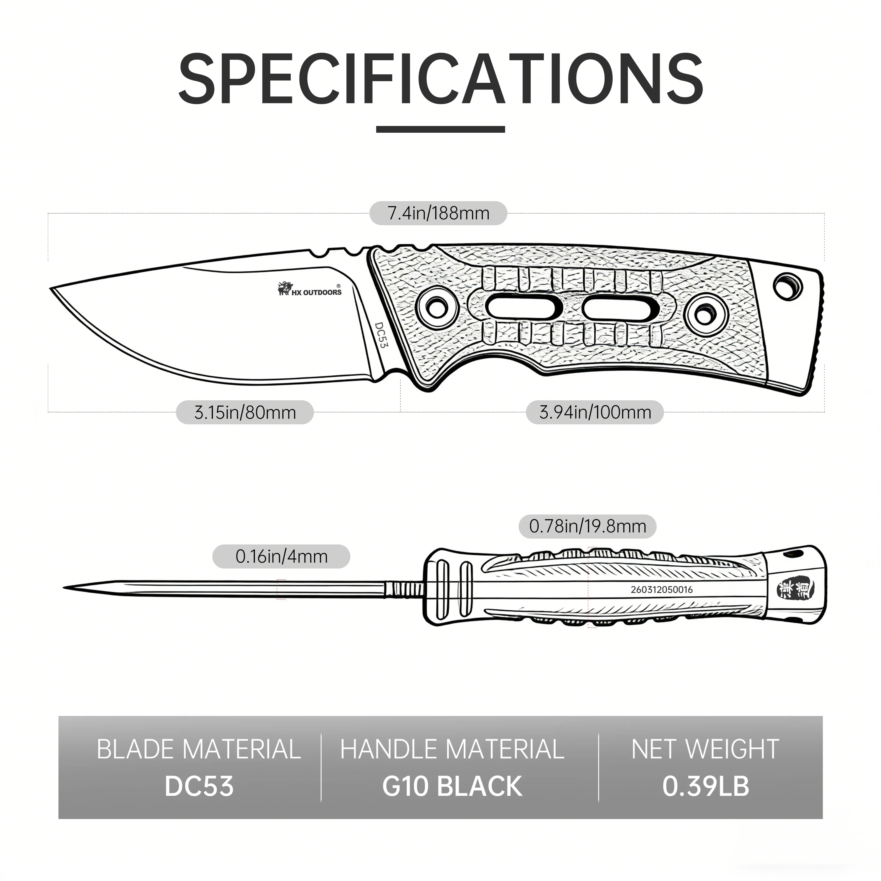 ROCK APEX SE Fixed Blade | 3.15" Black Titanium Coating DC53 Blade | Black G10 Handle | HX OUTDOORS TD-25B