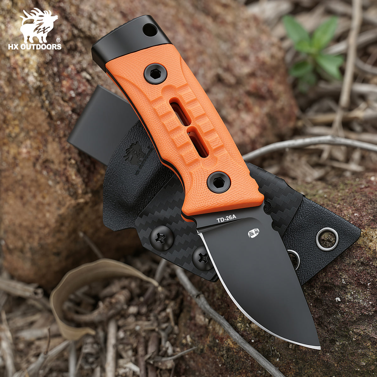 ROCK APEX MINI Fixed Blade | 2.28" Black Titanium Coating DC53 Blade | Orange G10 Handle | HX OUTDOORS TD-26A