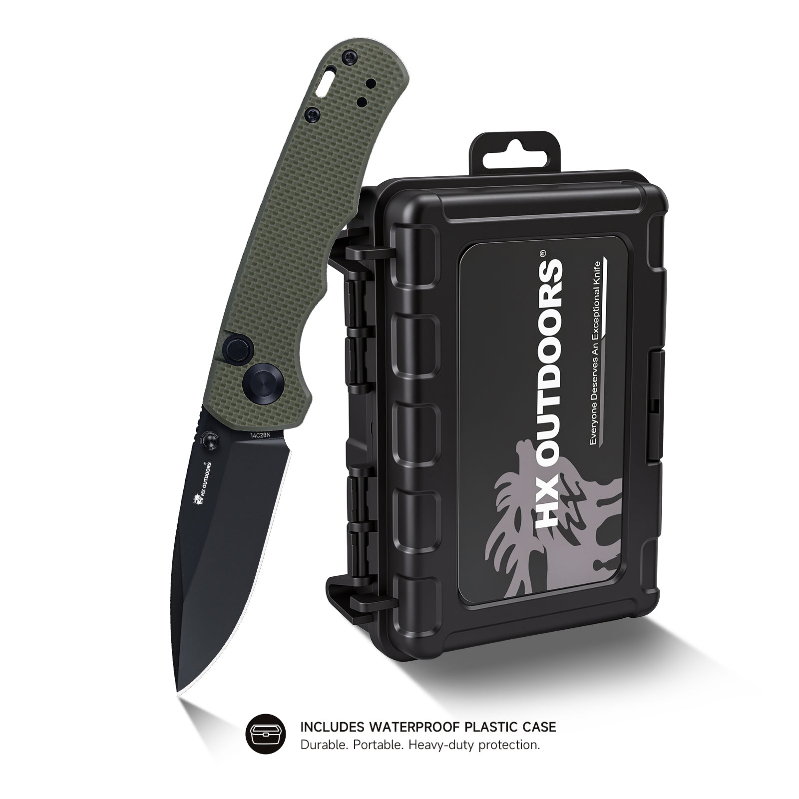SCOUT | Pocket Knife | Button Lock | 2.68" 14C28N Black Blade | Military Green G10 Handle | HX OUTDOORS ZD-127A-S