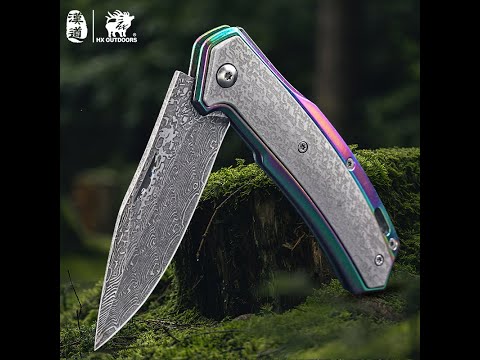 HX OUTDOORS CHAMELEON | Pocket Knife | Slip Joint | 3.46" 5Cr15 & Damascus Blade | Aluminum Handle | ZD-084