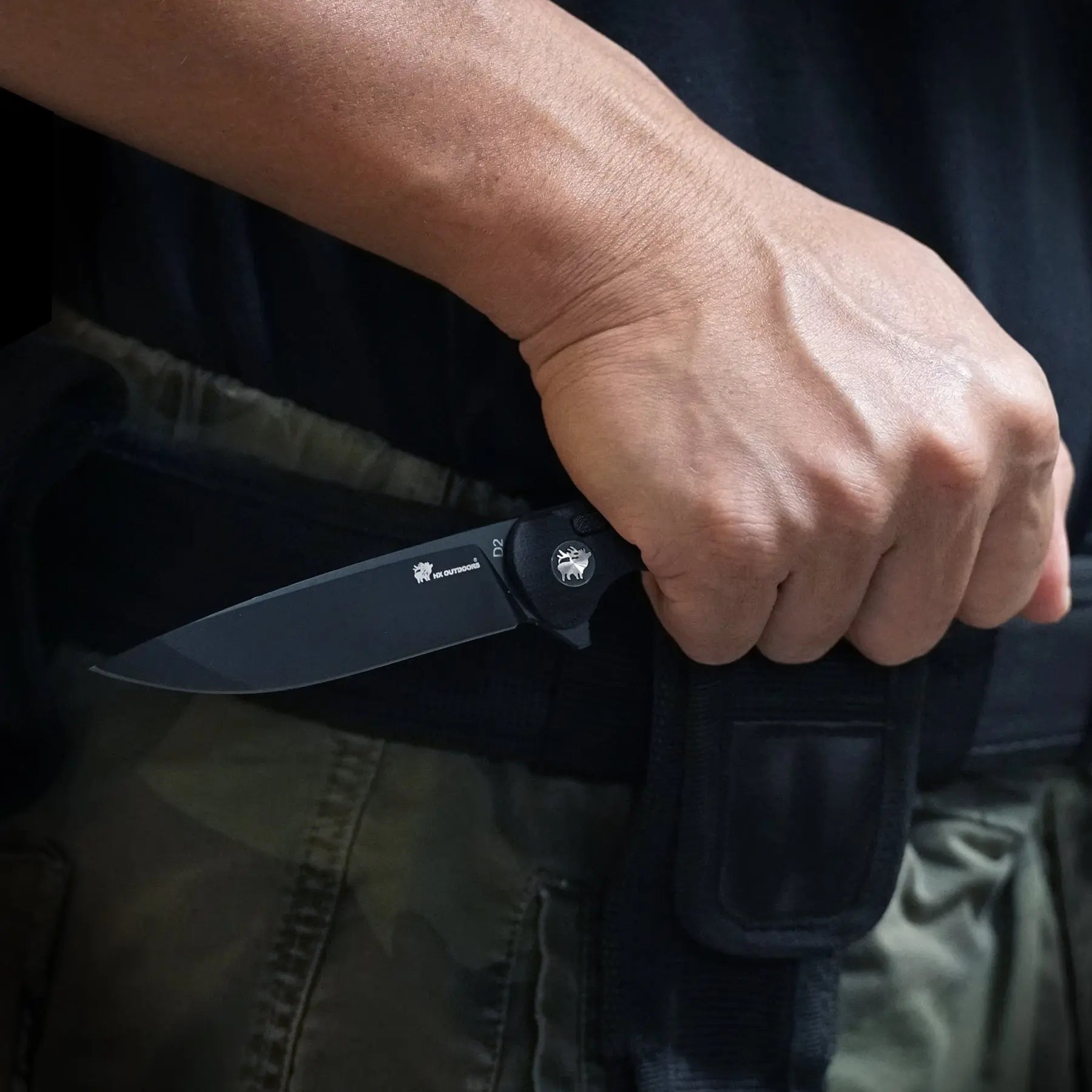 Pocket Knife HX OUTDOORS DARK MASTER 3.15" D2 BUTTON LOCK Titanium alloy Tactical Folding Knife Camping, Hunting, And Outdoors ZD-112A from HX OUTDOORS
