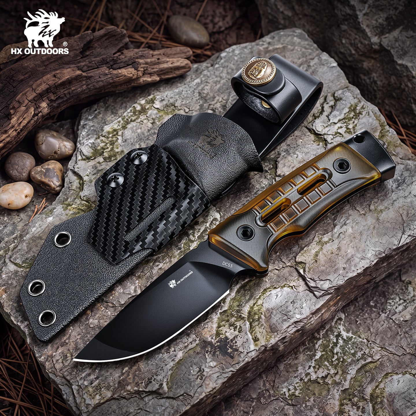 ROCK APEX SE Fixed Blade | 3.15" Black Titanium Coating DC53 Blade | PEI Handle | HX OUTDOORS TD-25P
