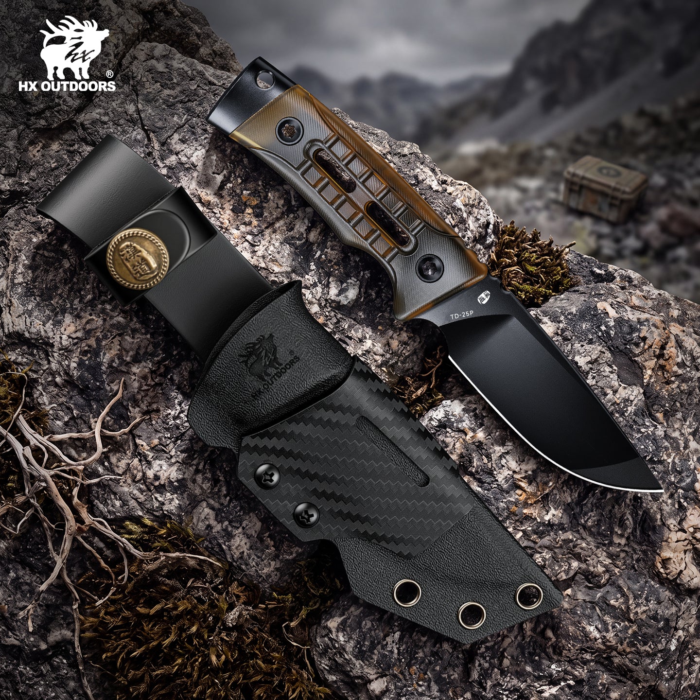 ROCK APEX SE Fixed Blade | 3.15" Black Titanium Coating DC53 Blade | PEI Handle | HX OUTDOORS TD-25P