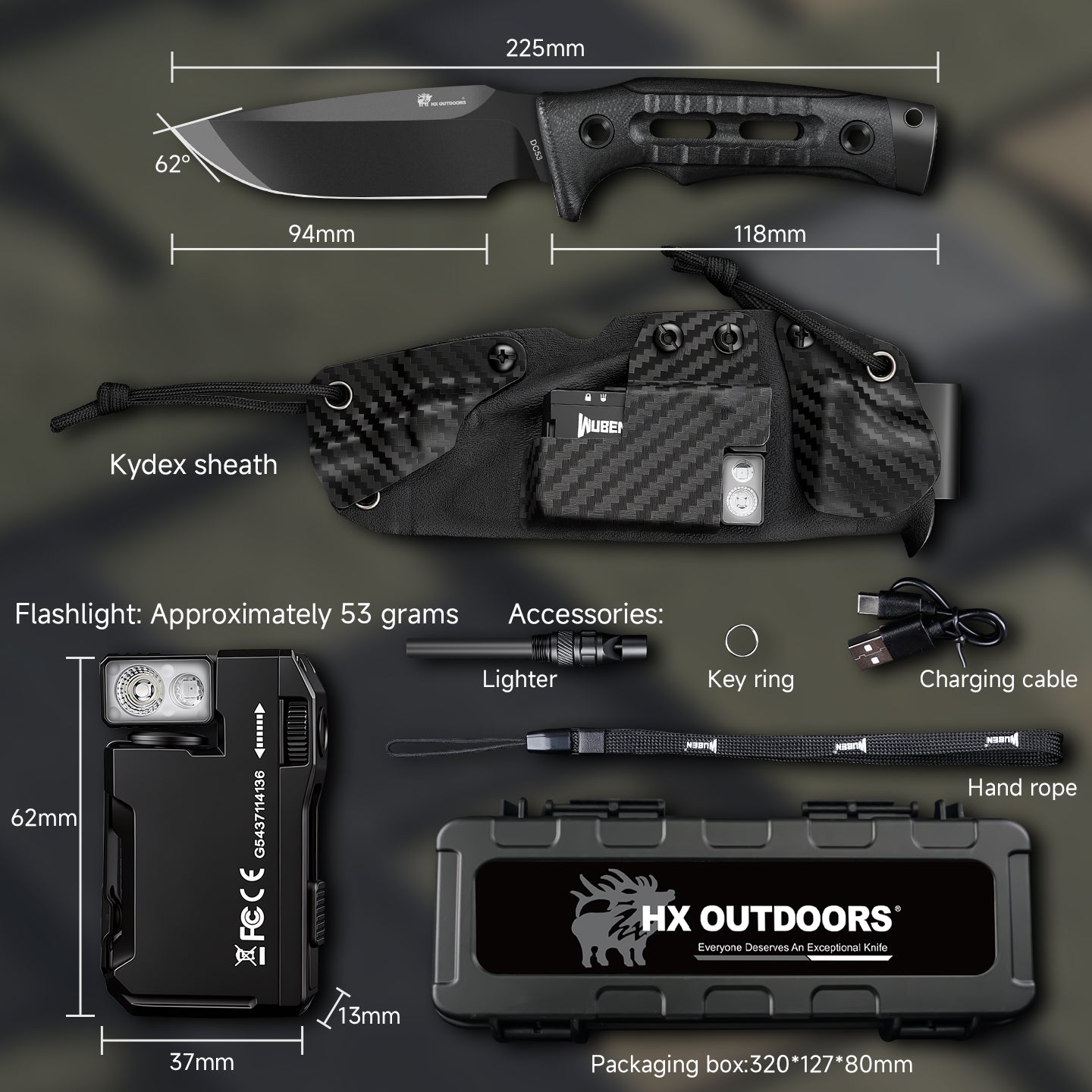 ROCK APEX Fixed Blade | 3.7" DC53 Blade | G10 Handle | Tactical Flashlight Set | HX OUTDOORS TD-18MB