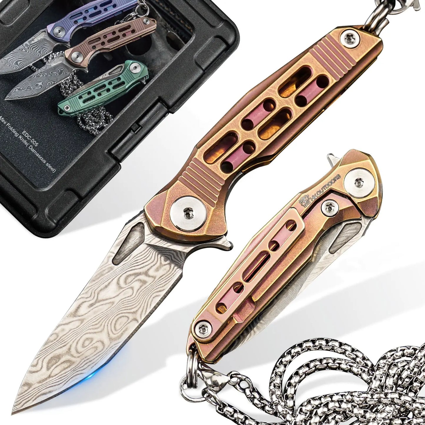 HX OUTDOORS MINI ARMORED | Pocket Knife | Liner Lock | 1.37" Damascus Blade | Pink Titanium Handle | EDC-005E MINI ARMORED