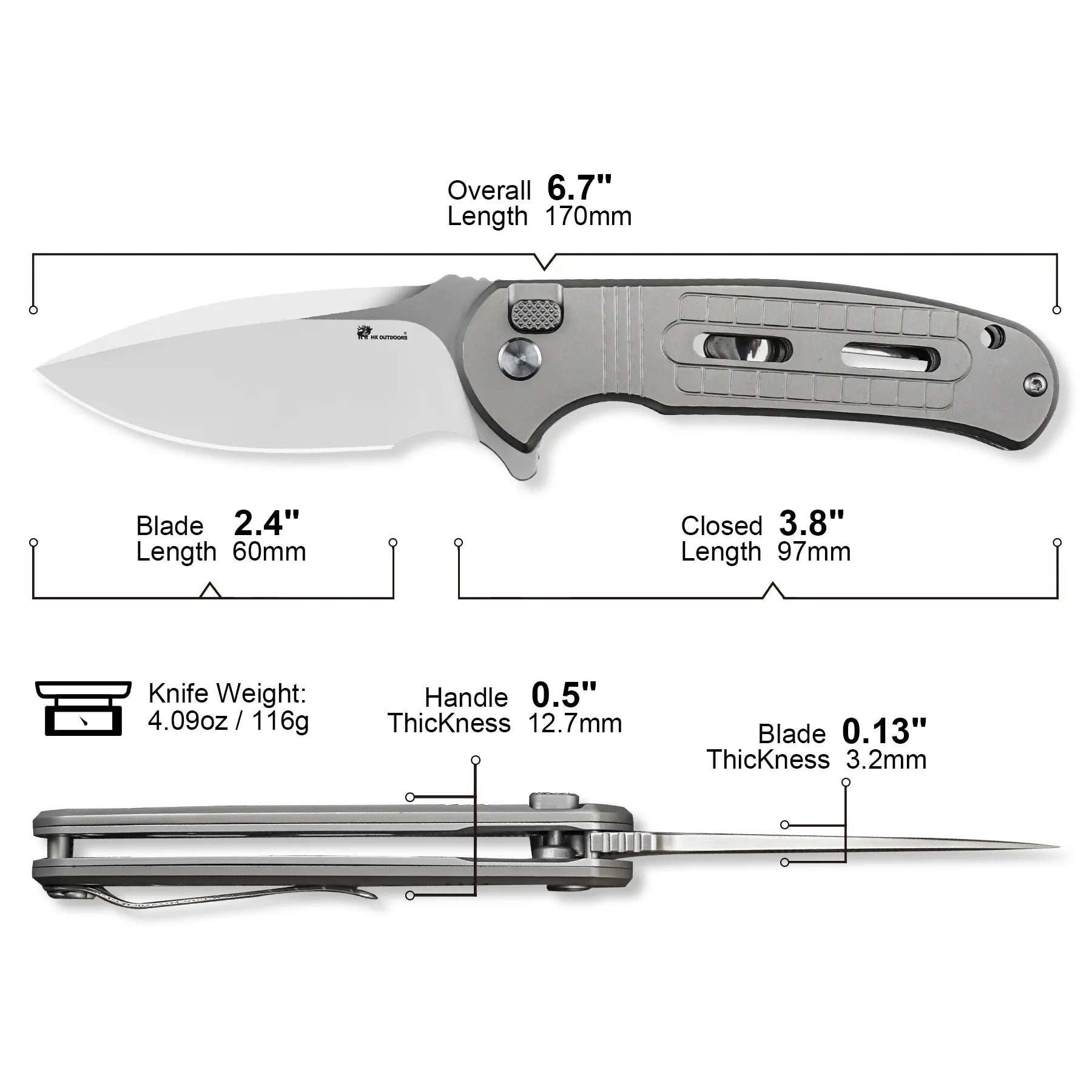 HX OUTDOORS ROCK SAPPHIRE | Pocket Knife | Button Lock | 2.4" 14C28N Blade | Silver Titanium Handle | ZD-114S ROCK SAPPHIRE