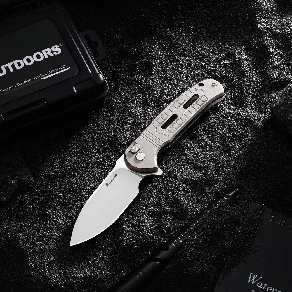 HX OUTDOORS ROCK SAPPHIRE | Pocket Knife | Button Lock | 2.4" 14C28N Blade | Silver Titanium Handle | ZD-114S ROCK SAPPHIRE