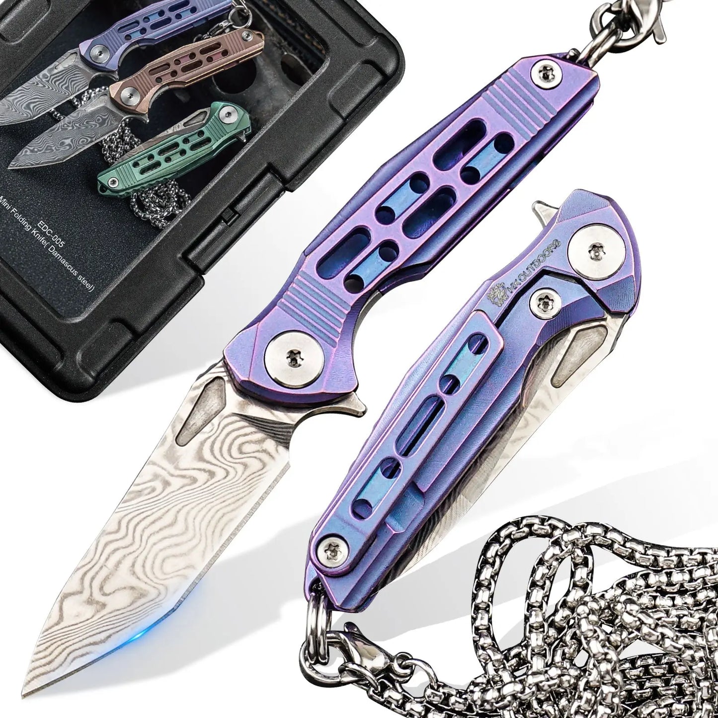 HX OUTDOORS MINI ARMORED | Pocket Knife | Liner Lock | 1.37" Damascus Blade | Blue Titanium Handle | EDC-005 MINI ARMORED
