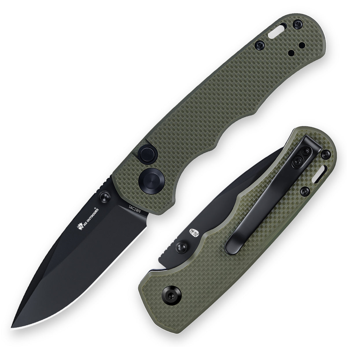 SCOUT | Pocket Knife | Button Lock | 2.68" 14C28N Black Blade | Military Green G10 Handle | HX OUTDOORS ZD-127A-S