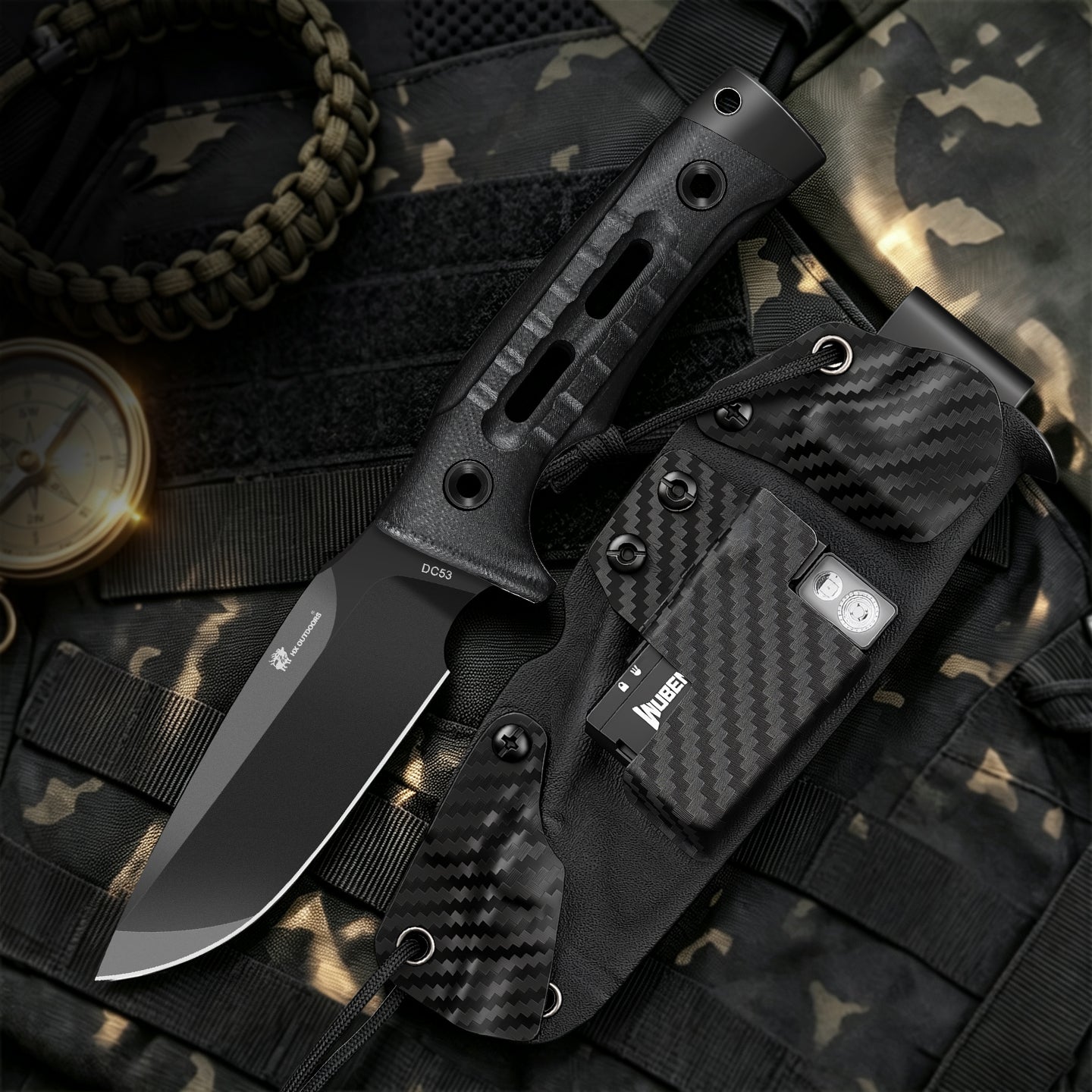 ROCK APEX Fixed Blade | 3.7" DC53 Blade | G10 Handle | Tactical Flashlight Set | HX OUTDOORS TD-18MB