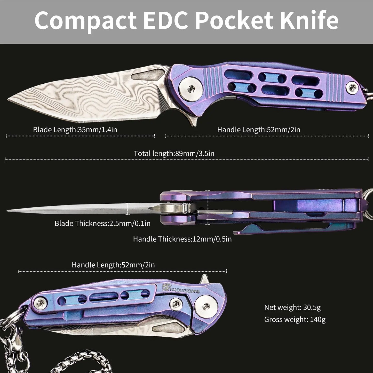 HX OUTDOORS MINI ARMORED | Pocket Knife | Liner Lock | 1.37" Damascus Blade | Blue Titanium Handle | EDC-005 MINI ARMORED