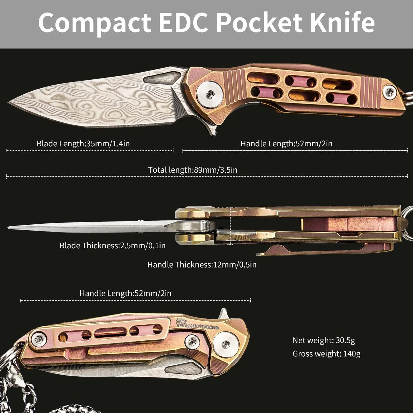 HX OUTDOORS MINI ARMORED | Pocket Knife | Liner Lock | 1.37" Damascus Blade | Pink Titanium Handle | EDC-005E MINI ARMORED