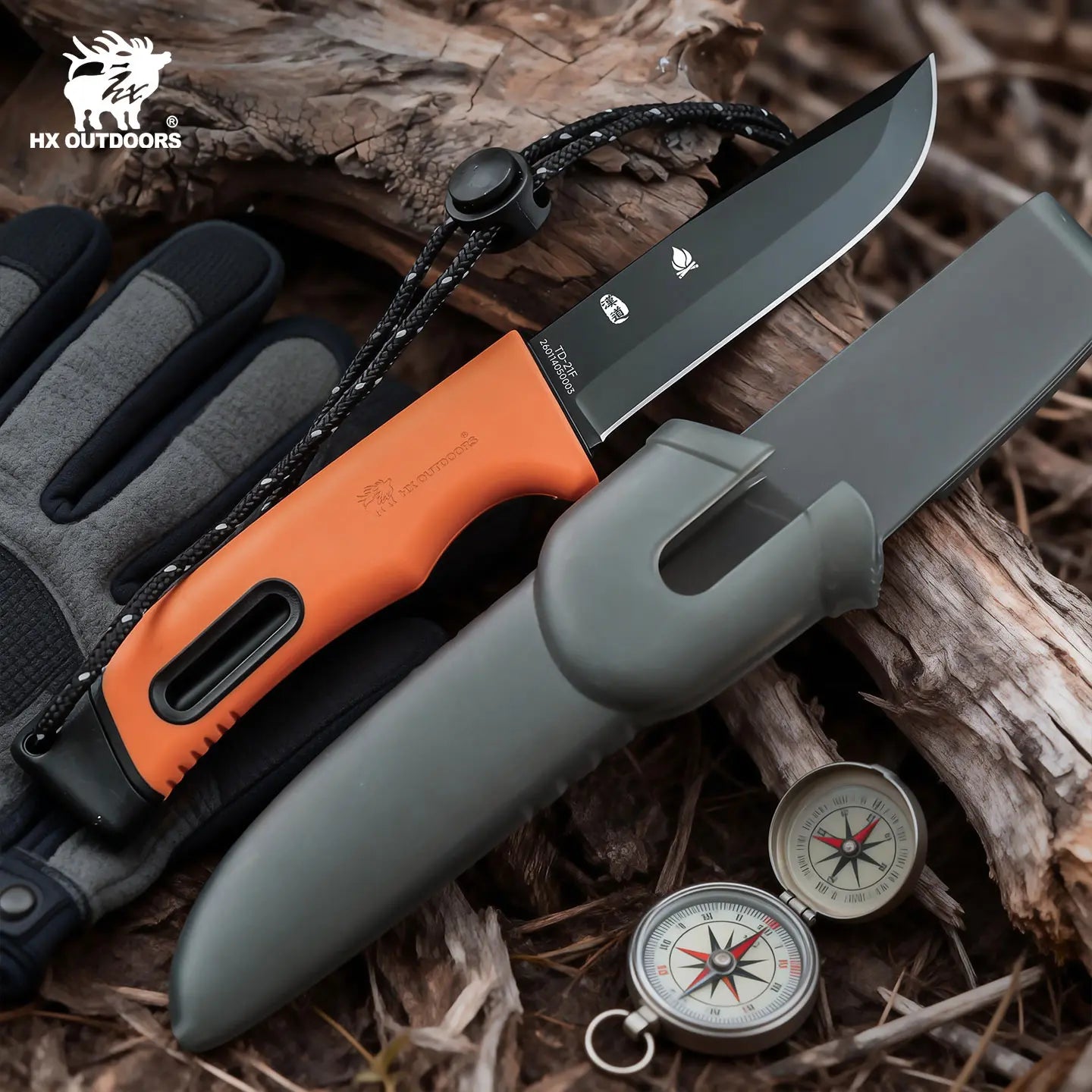 SURVIVAL MASTER 4 Fixed Blade | 3.74″ Matte Black Titanium Coating 5Cr15 Blade | Black PP & Orange TPR Handle | TD-21F