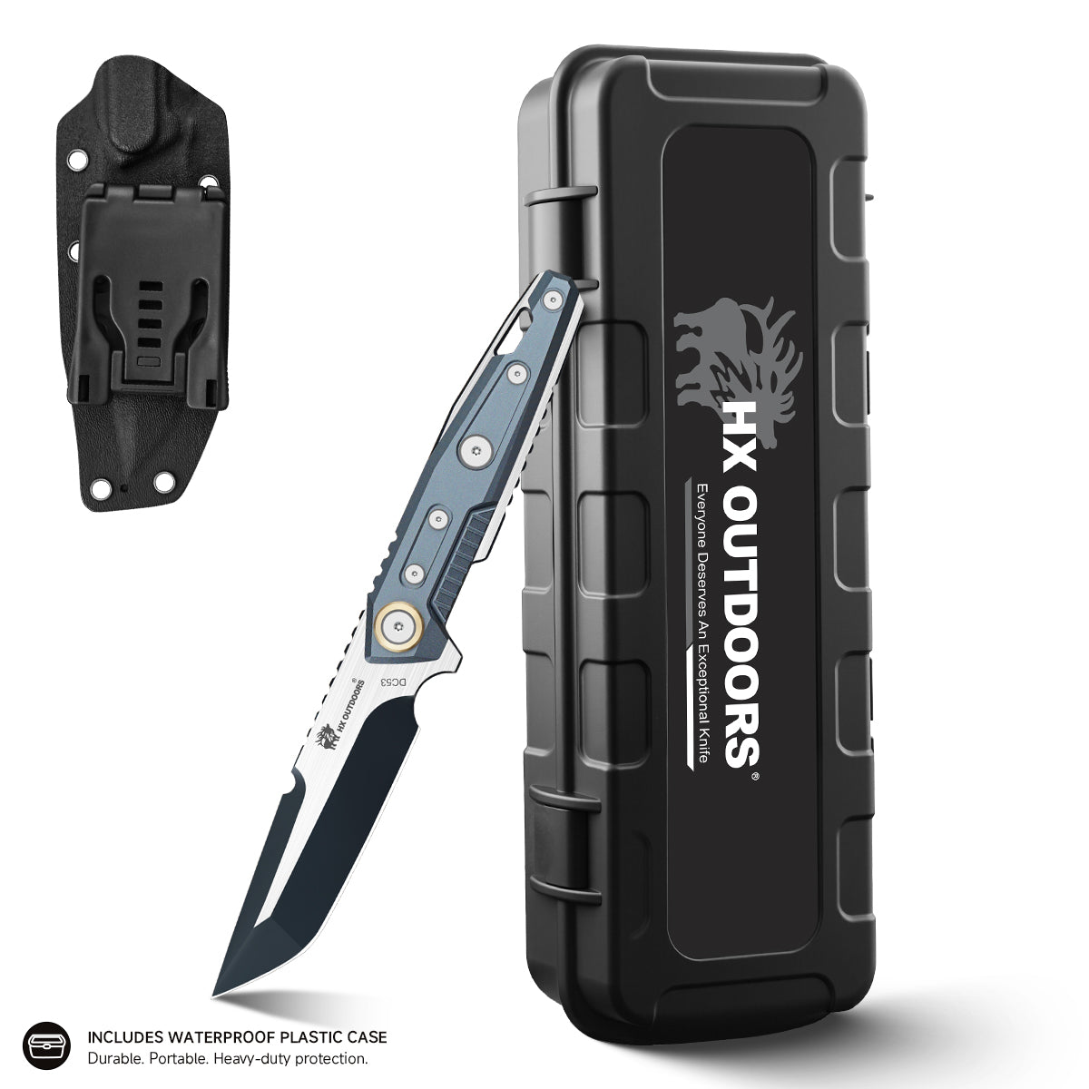 MECHTITAN Fixed Blade | 3.86" DC53 Blade | Blue Aluminum Handle | HX OUTDOORS D-220B