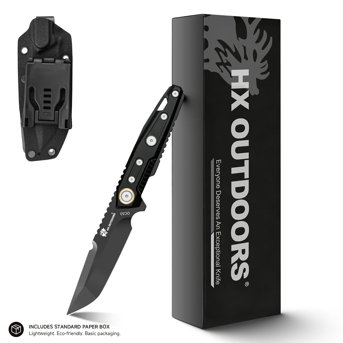 MECHTITAN Fixed Blade | 3.86" DLC‑Coated DC53 Blade | Black Aluminum Handle | HX OUTDOORS D-220DLC
