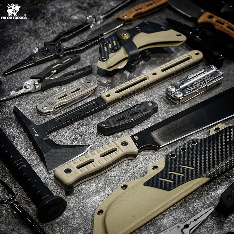 Camping Hatchet HX OUTDOORS ROCK OBSIDIAN 15.39" DC53 Brown G10 Handle Bushcraft Demolition Breaking Axe Outdoor Survival Hiking Camping FT-12 from HX OUTDOORS