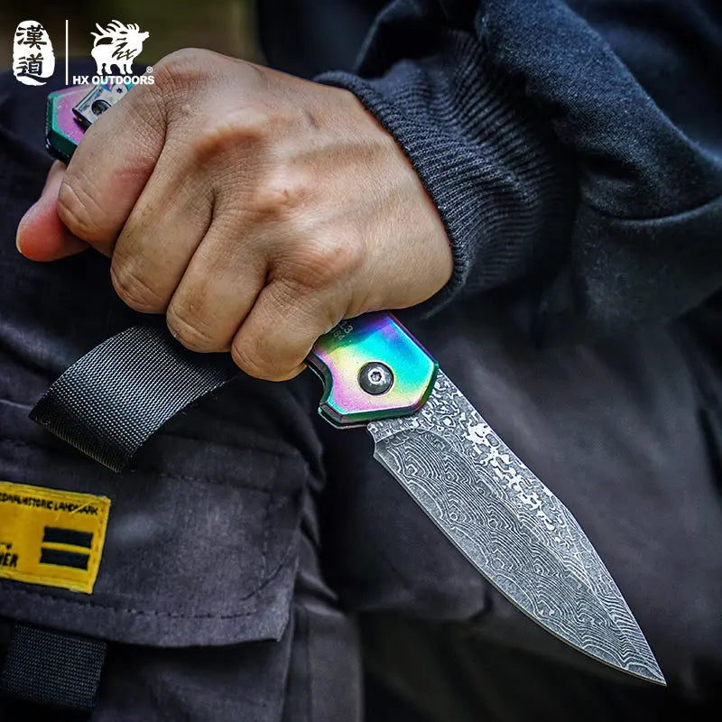 Pocket Knife HX OUTDOORS 3.46" 5CR15 CHAMELEON Slip Joint Folding Knife Aluminum Alloy and Etched Damascus Steel Pattern EDC, Emergency Tool ZD-084 from HX OUTDOORS