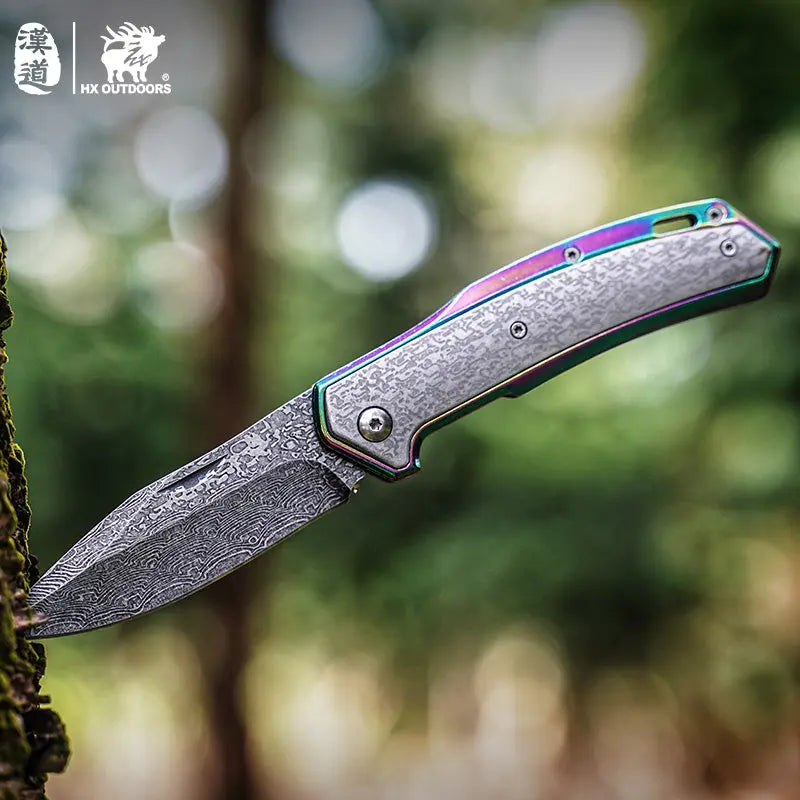 Pocket Knife HX OUTDOORS 3.46" 5CR15 CHAMELEON Slip Joint Folding Knife Aluminum Alloy and Etched Damascus Steel Pattern EDC, Emergency Tool ZD-084 from HX OUTDOORS