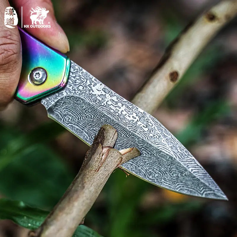 Pocket Knife HX OUTDOORS 3.46" 5CR15 CHAMELEON Slip Joint Folding Knife Aluminum Alloy and Etched Damascus Steel Pattern EDC, Emergency Tool ZD-084 from HX OUTDOORS